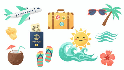 Fototapeta premium Vibrant Summer Travel Essentials Icons Collection. Flat Vector Elements for Holiday Planning, Tropical Getaways, and Adventures