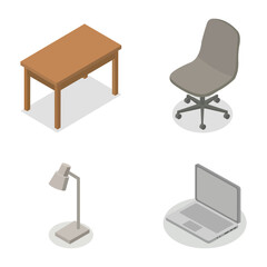 Fototapeta premium Isometric office workspace set with desk chair laptop and lamp