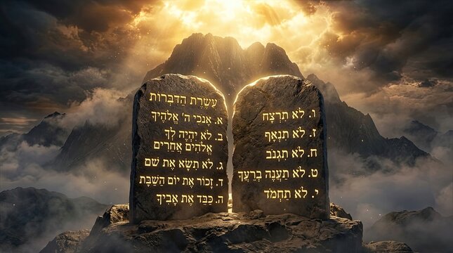 Ancient stone tablets inscribed with hebrew text representing the ten commandments dramatically illuminated by divine golden sunlight breaking through stormy clouds atop a rugged mountain peak