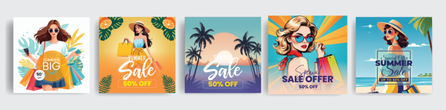 Set of Summer sale  social media posts, banner, ads template bundle with summer fashion outfit women illustration collections for  special summer offer promotion advertising vector template bundle