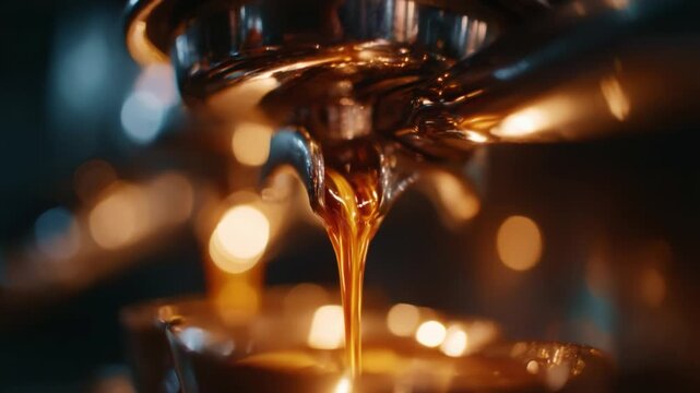 Close-up of espresso extraction featuring rich, flowing coffee in a dynamic scene highlighting the extraction process from an espresso machine.