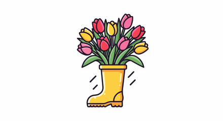 Obraz premium A bouquet of colorful tulips fills a yellow rain boot