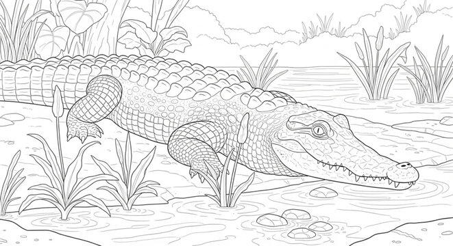 Crocodile resting near swamp with plants and water details , coloring page outline drawing coloring book illustration