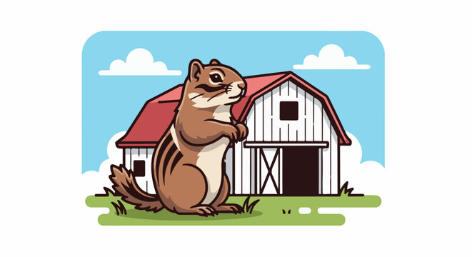A cartoon chipmunk stands in front of a barn under a blue sky with clouds