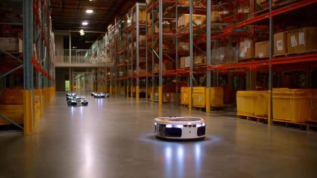 Automated robots navigate a modern warehouse, demonstrating efficiency and innovation in logistics and inventory management with seamless operation and coordination.