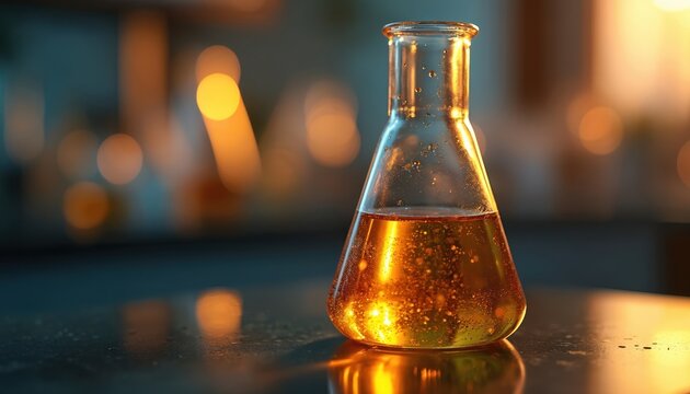 Golden liquid with air bubbles in laboratory flask. Amber oil in glass beaker used for scientific research. Substance reflects warm light, suggests experiment.