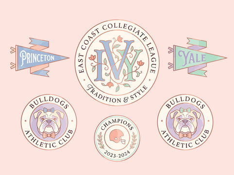 Classic collegiate badge set illustrating academic identity branding and university tradition for campus promotion merchandise design and educational institution recognition