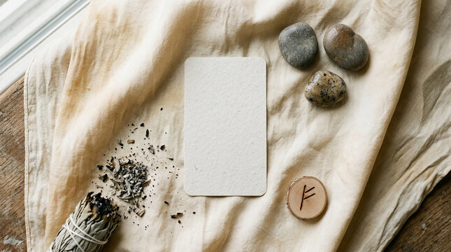 Blank tarot card for mockup on beige linen cloth with sage smudge stick, herb ashes, jasper pebbles, wooden Algiz rune tile