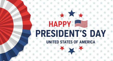 Obraz premium Patriotic design with US flag and stars, Happy President’s Day greeting with a fan, suitable for holiday cards, event promotions, and social media content.