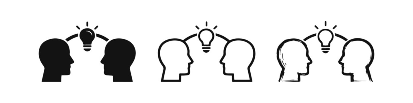 Communication and shared idea icon set with human heads and glowing lightbulb symbol