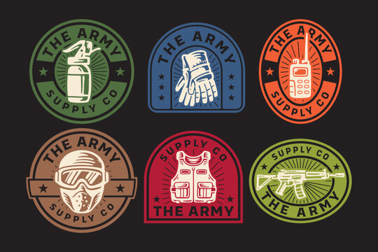 Army gear retro badge logo design set for tactical supply. Military equipment vintage patch symbol graphic pack for sport. Grenade, Gloves, Radio, Helmet mask, Vest, Rifle. Vector Illustration