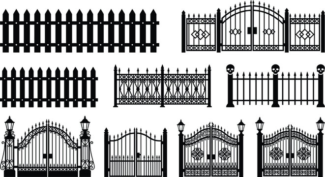 Fence silhouettes, gate icons, decorative barrier shapes, outdoor architecture, wooden fence design elements, wrought iron gates, property boundary art, flat vector illustration