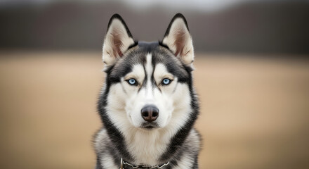 Fototapeta premium A close-up portrait of a beautiful Siberian Husky dog with piercing blue eyes and a blurred background