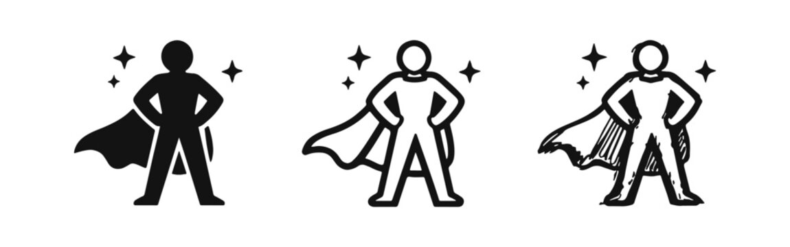 Powerful superhero icon set. Hero figure with cape and stars, representing strength, confidence, and leadership.