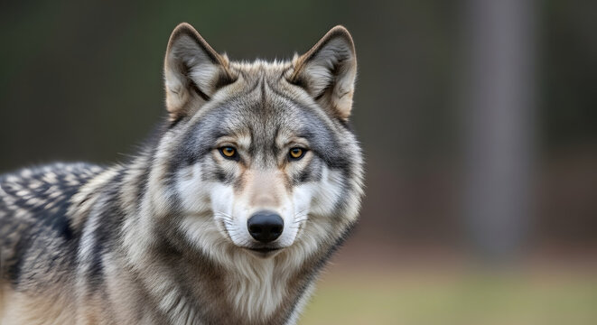 A close-up portrait of a wolf in a natural outdoor setting with a blurred background