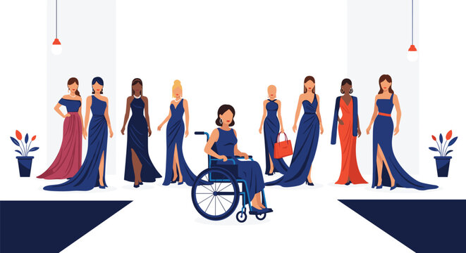 Ten diverse female models, including one in a wheelchair, pose on a simple white runway wearing various formal dresses.