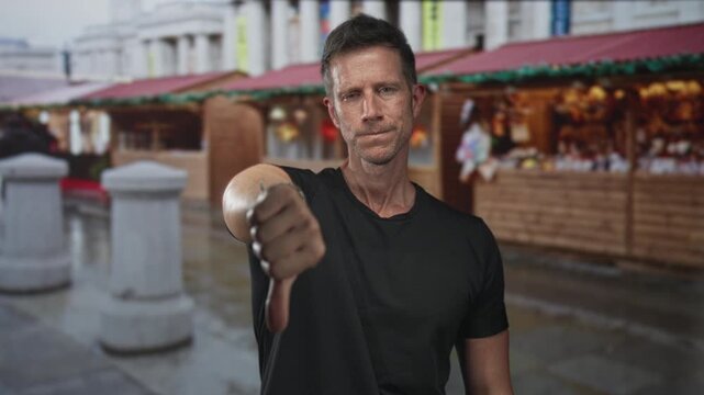 Young caucasian man with outstretched hand showing thumbs down at busy street market stalls near souvenir stands; disapproval.