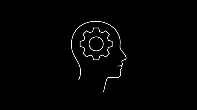 Simple human head outline icon showing gear rotation on black background for motion graphics use