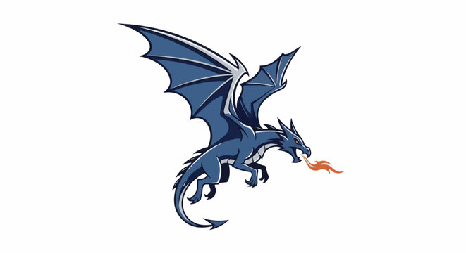 A blue dragon with spread wings breathes fire, isolated on white