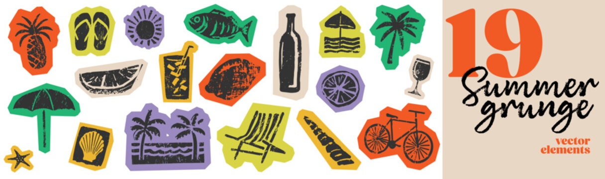 Summer vacation icons set in vintage linocut stamp style beach travel elements with tropical symbols and seaside objects