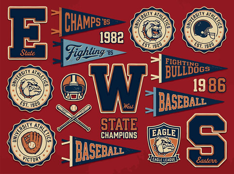 Vintage collegiate badge set featuring sports emblems varsity typography and classic team branding elements for apparel merchandise and graphic design