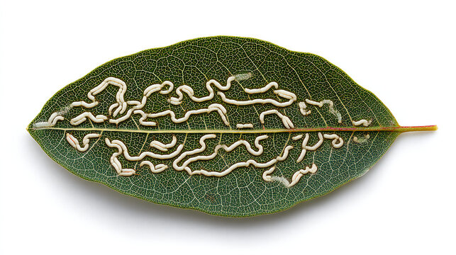 Leaf showing complex mining patterns caused by insect larvae. Botanical macro highlighting pest infestation and crop damage.