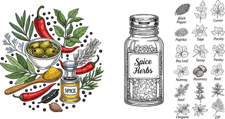 Spice herbs collection with olive oil chili pepper leaves and labeled seasoning jar detailed vector illustration isolated on white background © MdKhayrul