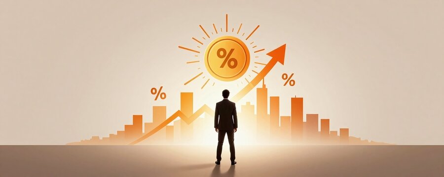 A sleek, minimalist scene set at a horizon tilted perspective, where a confident businessman stands at the bottom of the position