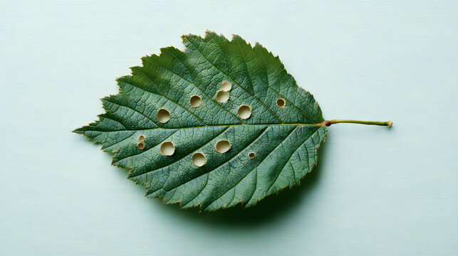 Green leaf with multiple insect bite marks and holes across the surface. Botanical macro concept illustrating pest infestation and plant tissue damage.