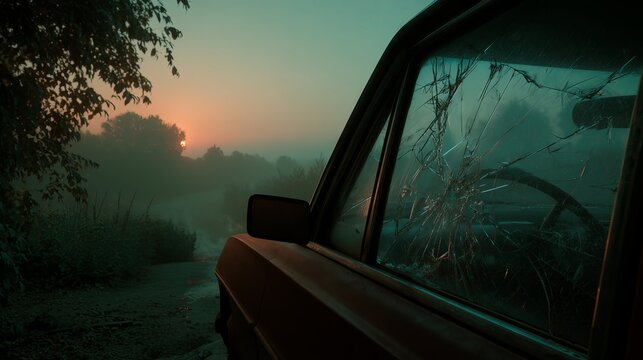 Close up of shattered car window with spiderweb cracks in foggy forest at dawn