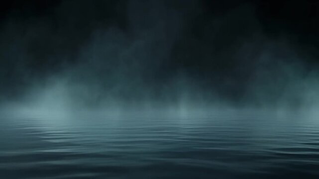 Dark atmospheric video featuring a calm water surface with gentle ripples and heavy fog. Ideal for cinematic backgrounds, horror transitions, and mysterious title sequences in film