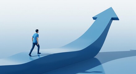 Obraz premium Man Walking Upward Arrow Path, Symbolizing Growth and Success, 3D Render, Business Concept Mockup
