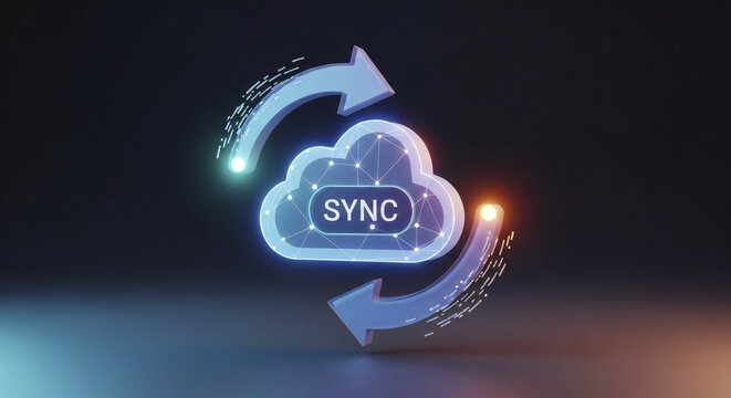Cloud Sync Icon with Arrows and Data Flow Elements in Futuristic UI Dashboard