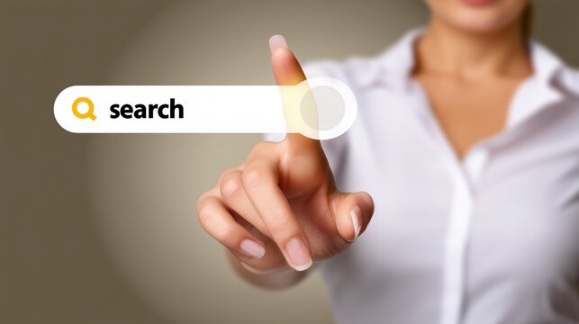 Femme pointant du doigt une barre de recherche virtuelle flottante