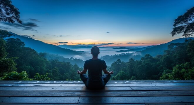 Man meditating in serene natural landscape.