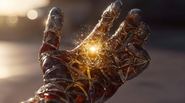 Main robotique tenant une sph&egrave;re lumineuse avec effets holographiques