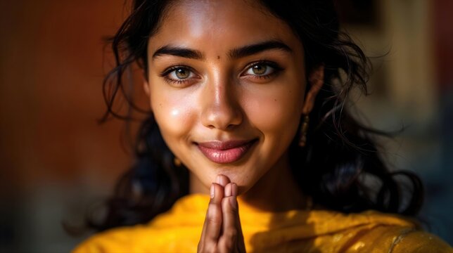 Jeune femme souriante aux mains jointes portant un v&ecirc;tement jaune