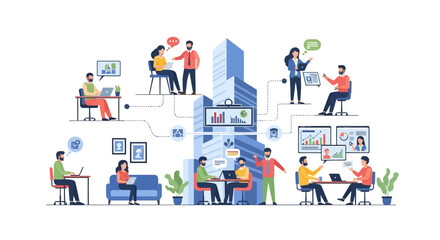 Naklejka premium Connected Business Ecosystem: Remote Teams Collaborating, Analyzing Data & Communicating Globally
