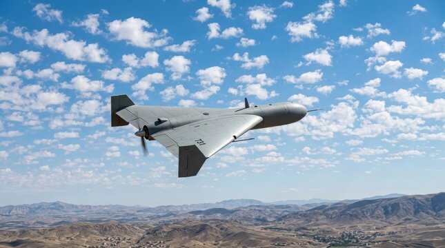 Drone militaire gris volant au-dessus d'un paysage montagneux d&eacute;sertique