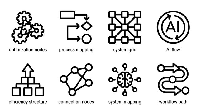 Abstract icons representing data processing systems and technical workflows