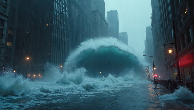 Giant ocean wave crashes over city streets. Skyscrapers submerged in water, rain pours down creating flood. Destructive natural disaster hits urban area. Cataclysmic event unfolds.