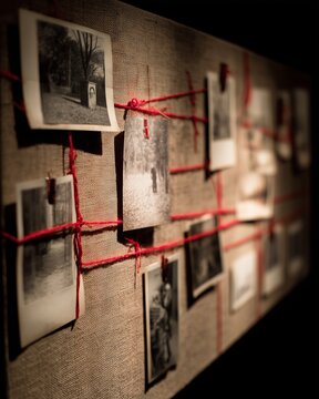 Close-up of detective evidence board with red yarn and old photographs