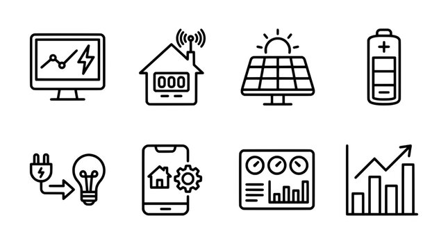 Energy technology icons solar panels battery smart home and monitoring charts