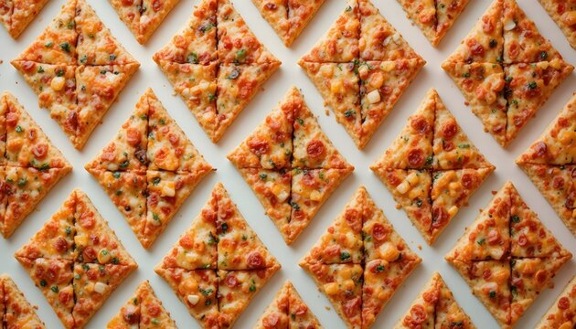 Pattern of square pizza slices with pepperoni and cheese on white background