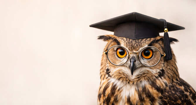 Owl wearing graduation mortarboard and glasses. Symbol of knowledge, graduation success and school learning.