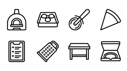 Fototapeta premium Pizza making icons set oven ingredients cutter slice tablet grater table