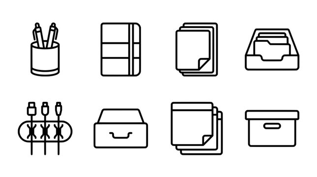 Office supplies icon set pens notebooks paper and storage containers