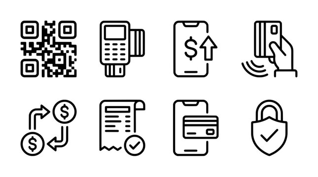 Payment and financial transaction icons set with qr code smartphone and card