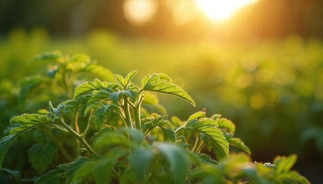 Close-up view of healthy green crop plants in a sunlit garden. Lush leaves absorb golden hour sunlight, showing plant growth and vibrant nature. Agriculture and farming concept.