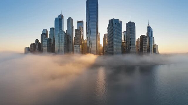 Stunning cityscape emerges from a sea of ethereal fog at sunrise